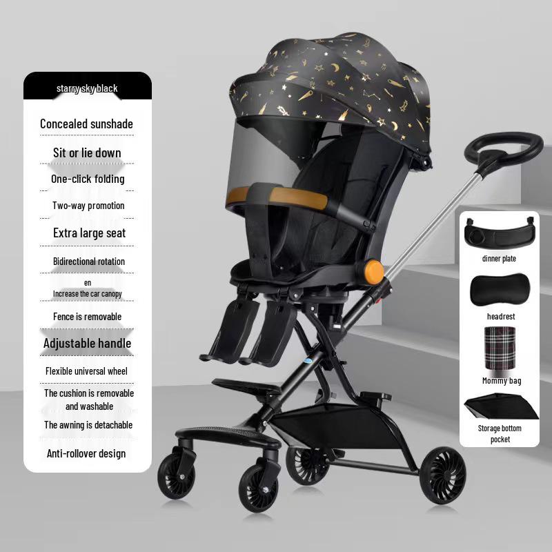 Cărucior pliabil bidirecțional cu șasiu înalt pentru bebeluș, cu patru roți