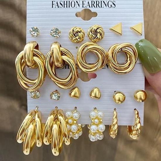 11 Pairs Combo Set Celebrity Inspired Latest Trendy Stylish Gold Plated Geometric Twist Pearl Hoop Dangle Earrings for Women and Girls