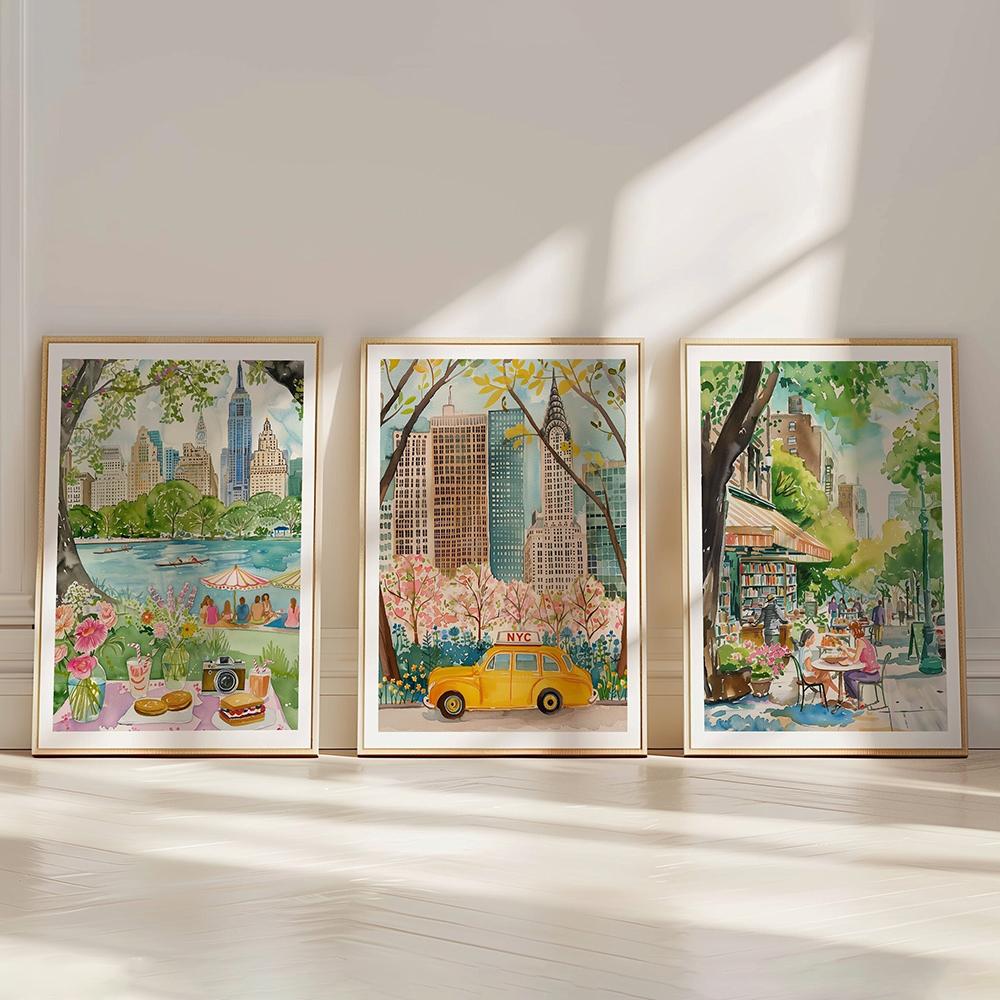 City Prints Set of 3 NYC London Eiffel Tower Japan Wall Decor City Landmarks Travel Prints Posters Central Park Art Gift Posters