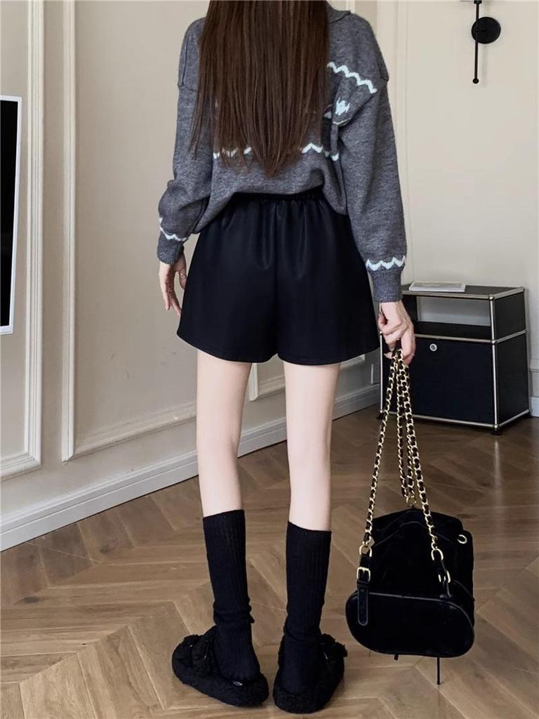 Women's Coffee Leather Shorts - Autumn Style, High Waist, Slimming, Drawstring, Wide Leg, Versatile, Casual.