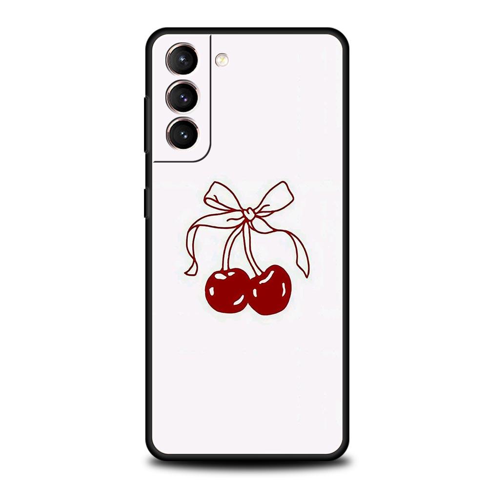 Cute Cherry Bow Phone Case For Samsung Galaxy S24 S23 S22 S20 Ultra S21 FE 5G S10 S9 Plus S10E S8 Soft Silicone Cover