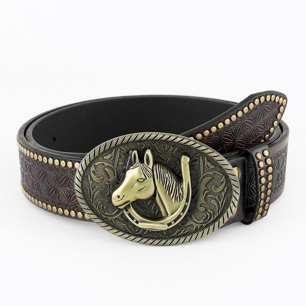 Western Denim Belt Large Plate Mouth Vintage Retro Men'S Punk Embossed Leather Belt