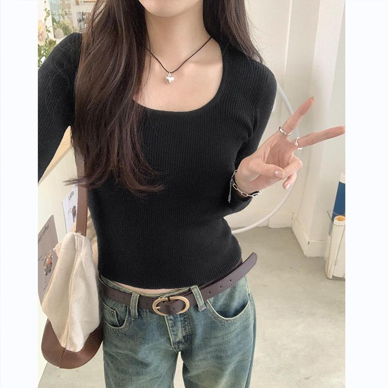 

Женская трикотажная футболка с длинным рукавом, весенняя новинка, облегающего кроя, однотонная, с U-образным вырезом, базовая, для повседневной носки XL