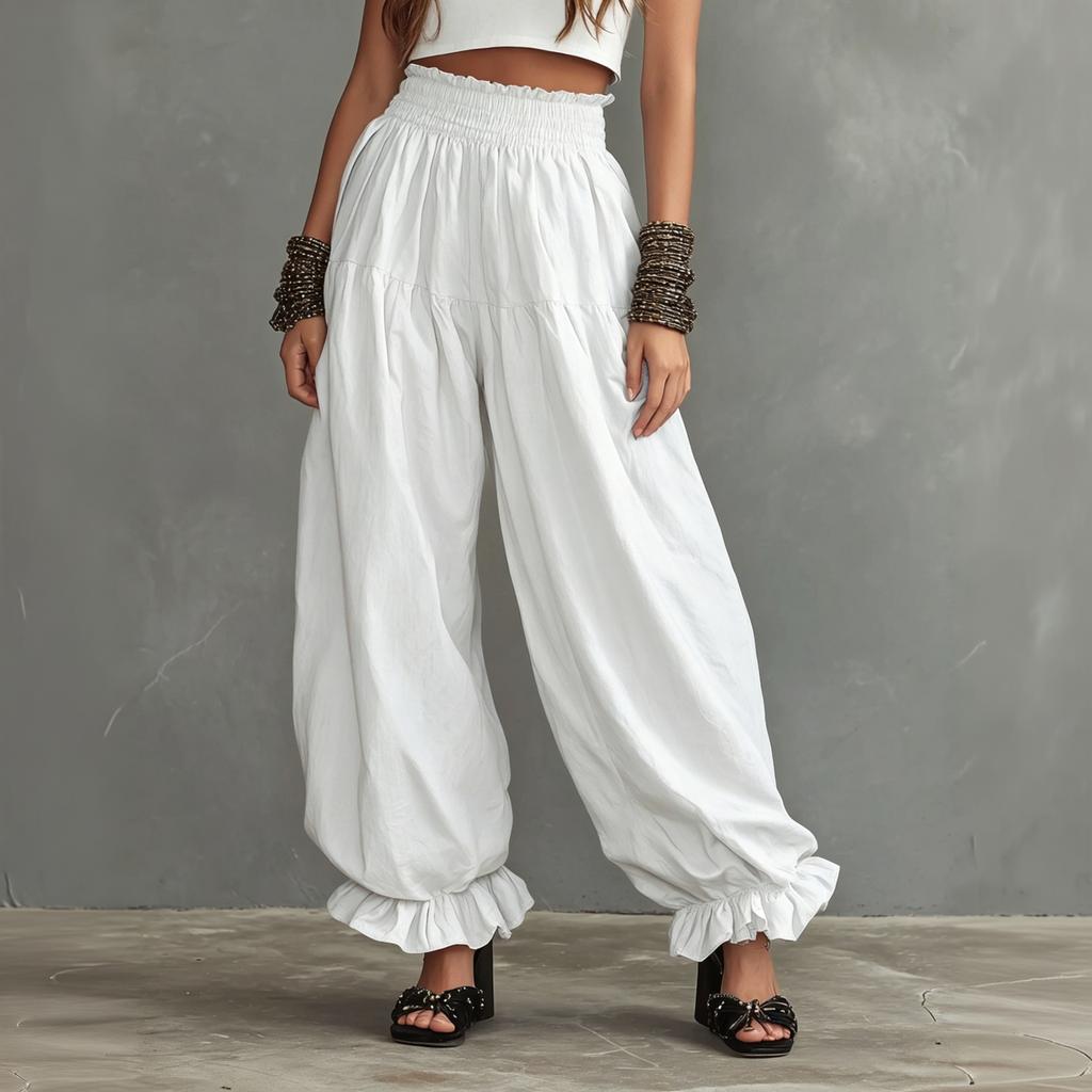 Women's Casual Lantern Pants High Waist Wide Leg Ruffle Hem Loose Fit Long Trousers Summer Lightweight Comfortable Design