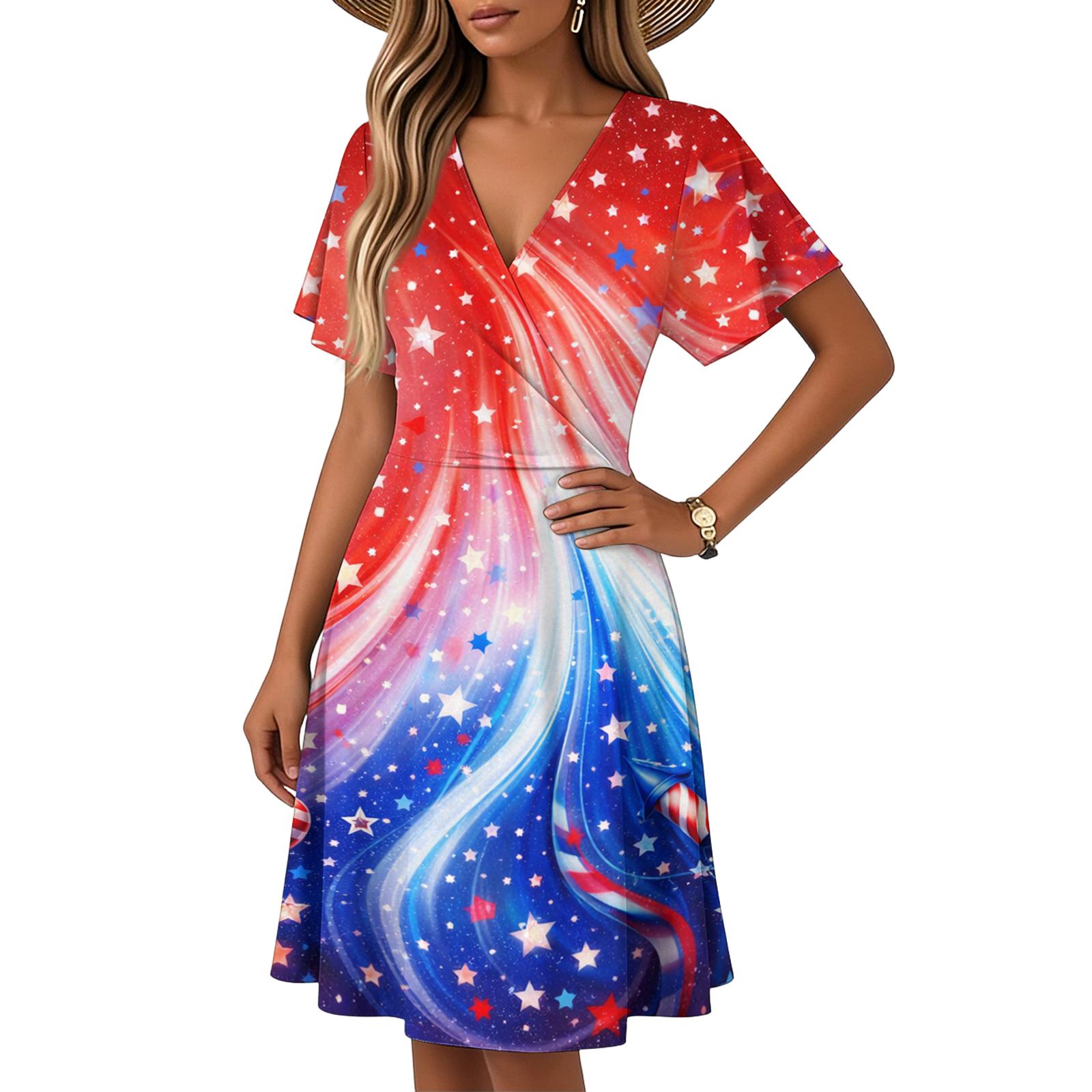 

Women s Horn Sleeve Short Sleeve Casual Dress Independence Day Printed V-neck Dress XL кавун червоний колір