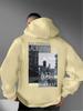 Black and White City Street Scene Back Large Print Loose Hooded Sweater Men and Women Casual Pullover