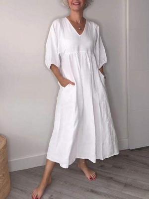 Robe d'automne européenne et américaine pour femmes en coton-lin à col en V à volants décontractée avec poches