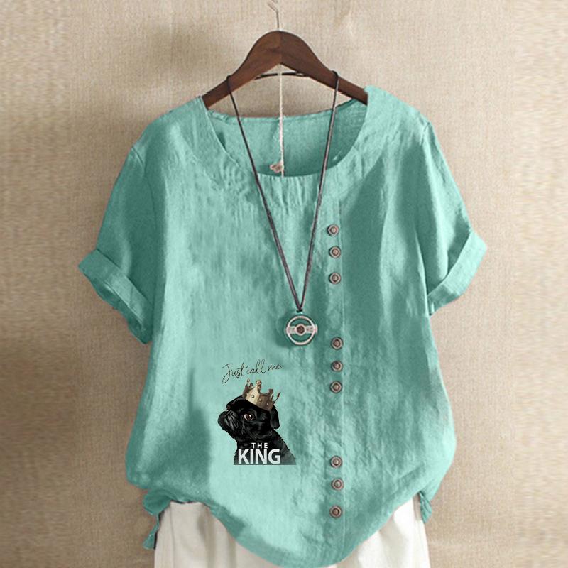 Women's Fashion Dog Letter Prined Round Neck Short Sleeve T-shirt Casual Cotton Linen Graphic Shirt Leisure Loose Summer Blouse Tops