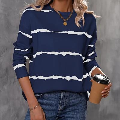 Damen Herbst Tops Einfache Streifen Drucken Kausal Langarm T-shirt Top Bluse