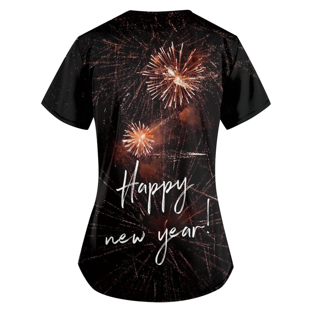 Damenmode 2024 Neujahr Bedruckte Kurzarm-Oberteile mit V-Ausschnitt und Mustertasche Arbeits-T-Shirts