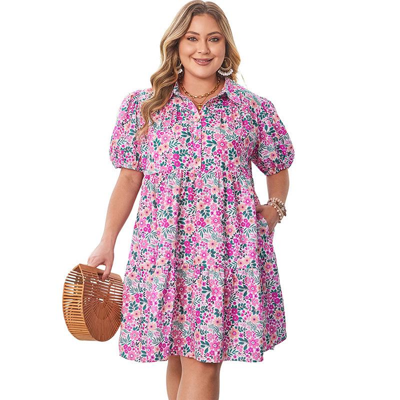 2025 Summer Women s Floral Retro Puff Sleeve Plus Size High Waist Dress XL