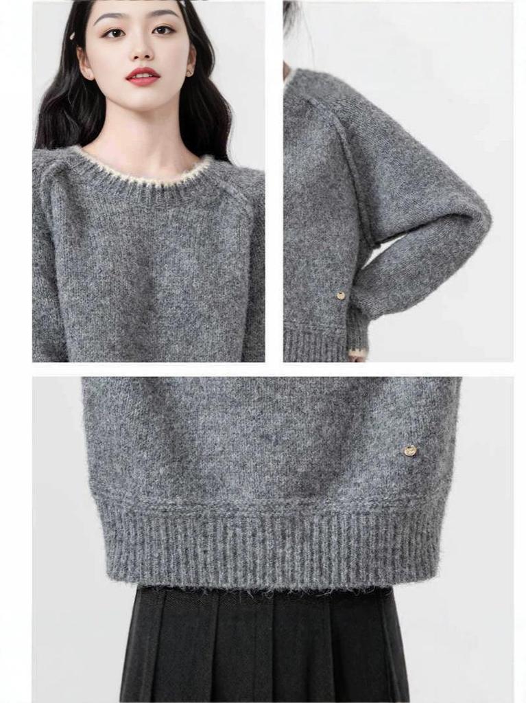 Women's Petite Thick Gray Sweater - Autumn/Winter 2026 Round Neck Knit Top