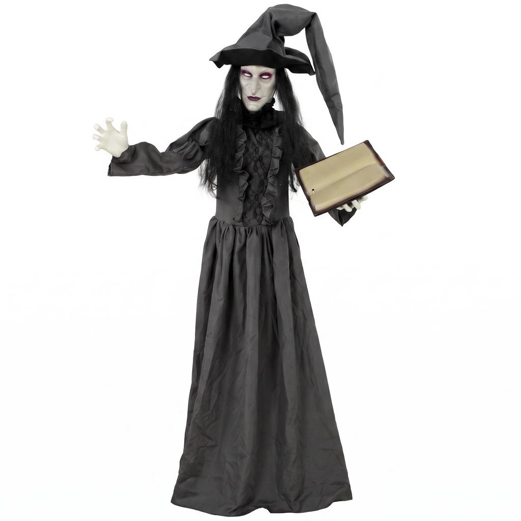 180 cm Halloween Animierte Hexe Dekoration Lebensgroß mit Leuchtenden Augen, Gruseligem Geräusch, Berührungsaktivierung