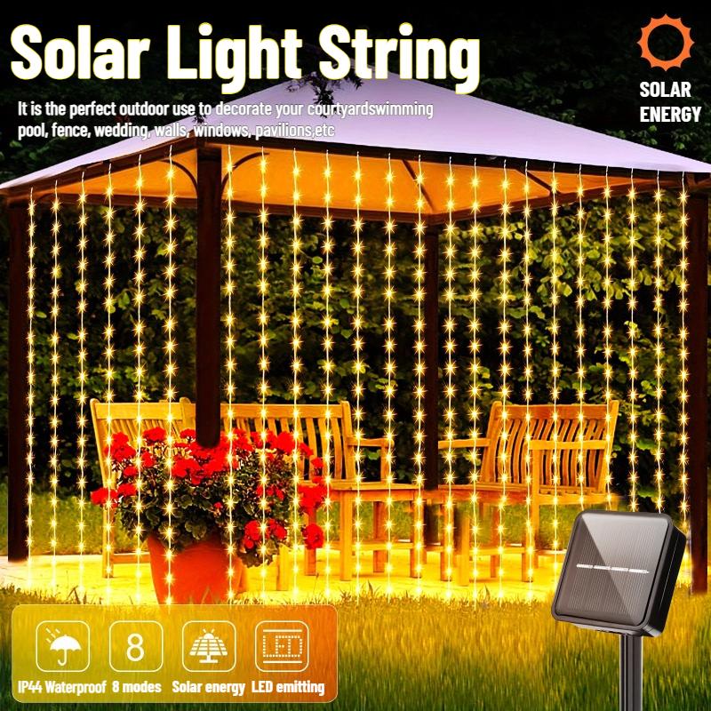 100/200/300 LED Solar Courtyard Curtain Lights Outdoor Waterproof Fairy String Lights With 8 Modes for Garden Window Bedroom Wedding