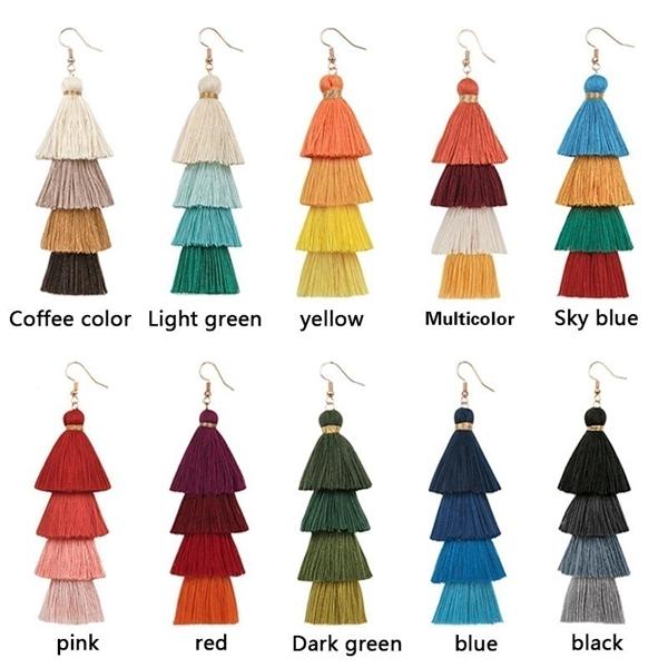 Bohemian Fringe Long Gradient Multilayer Drop Earrings Women Silk Fabric Ethnic Tassel Earring