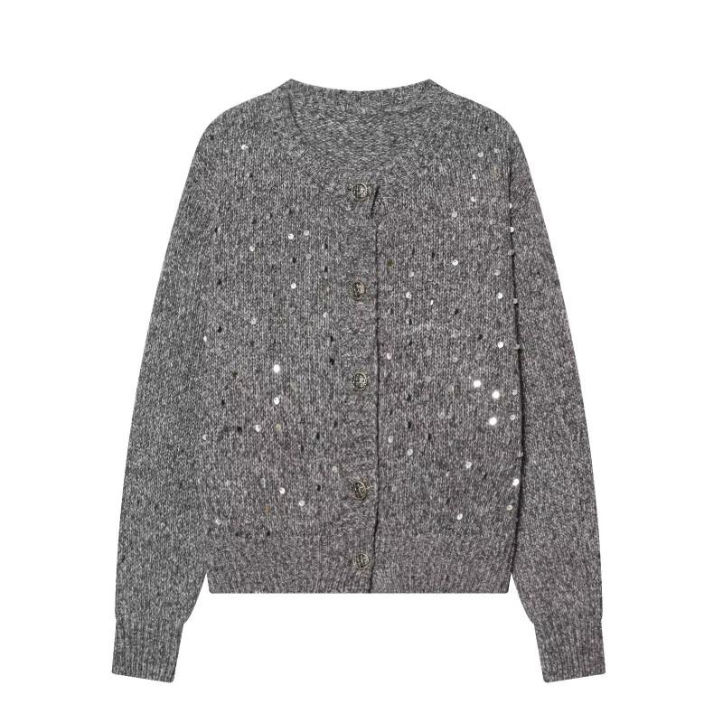 Damen 2026 Pailletten Strick Cardigan Pullover - Streetwear Stil Rundhals Langarm Knopfleiste