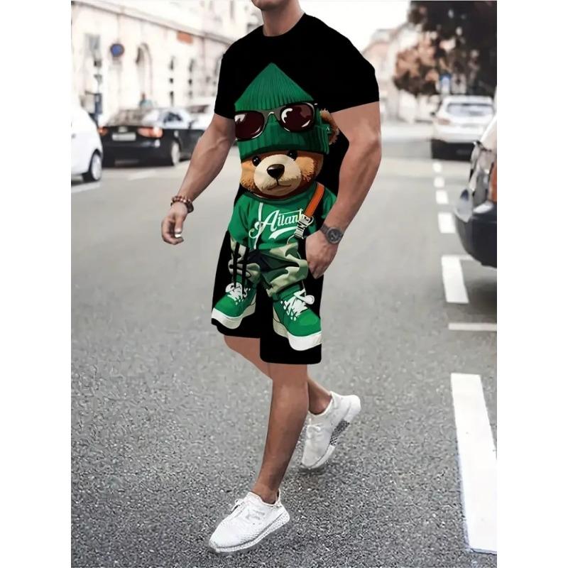 Hip Hop Style Personality Cartoon 3D Printed Men's Round Neck Short Sleeve 2 Fashionable Street Sports All-match Men's Suit