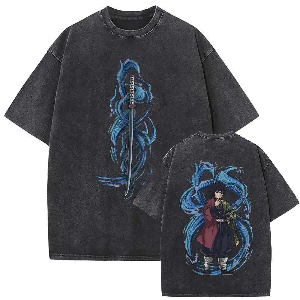 Demon Slayer "Metsu" Kanji & Hashira Group Vintage Washed Double-Sided Graphic T-Shirt, Oversized Anime Streetwear Tee, Unisex Casual Top