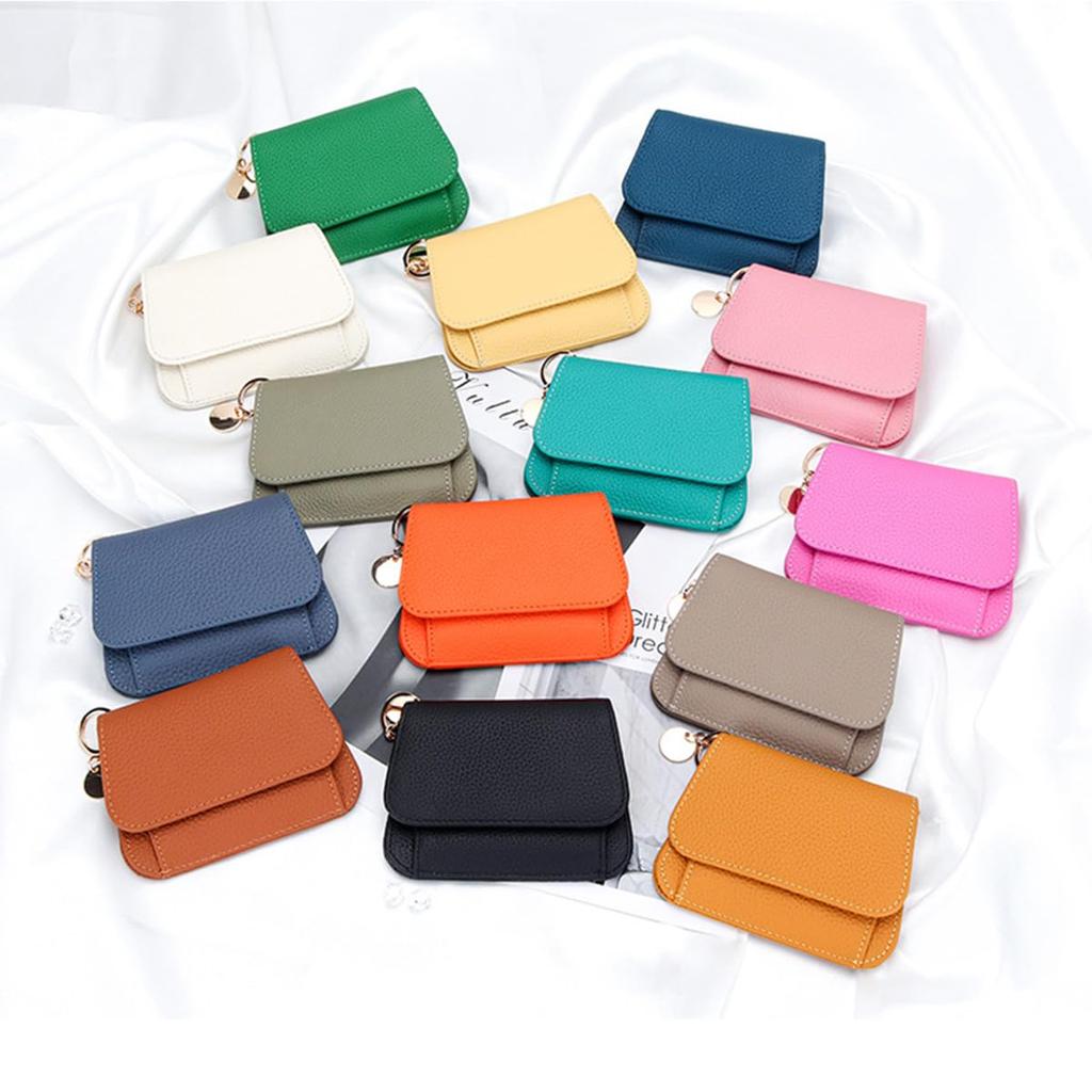 Women's Mini Wallet, Cowhide Leather, Small, Skimming-Proof, Cute, Coin Purse, Simple, Compact, Half Macaron Pattern (Grey Beige)