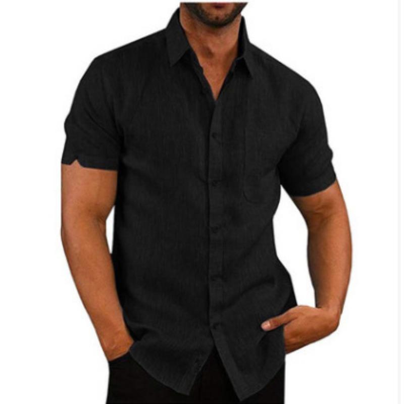Men Linen Blend Short Sleeve Shirt Button Down Solid Color Casual Top S чёрный