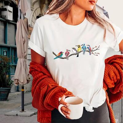 Fashion Women Colorful Bird Print T Shirt Funny Casual O-neck Short Sleeves T-shirt Summer Female Tee Shirt