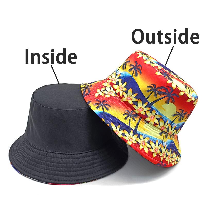 Bocca Hawaii Pattern Bucket Hat Cartoon Coconut Trees Printing FisherUnisex Hats Double Sides Panama Cap Beach Travel Outdoor Caps 56-58cm