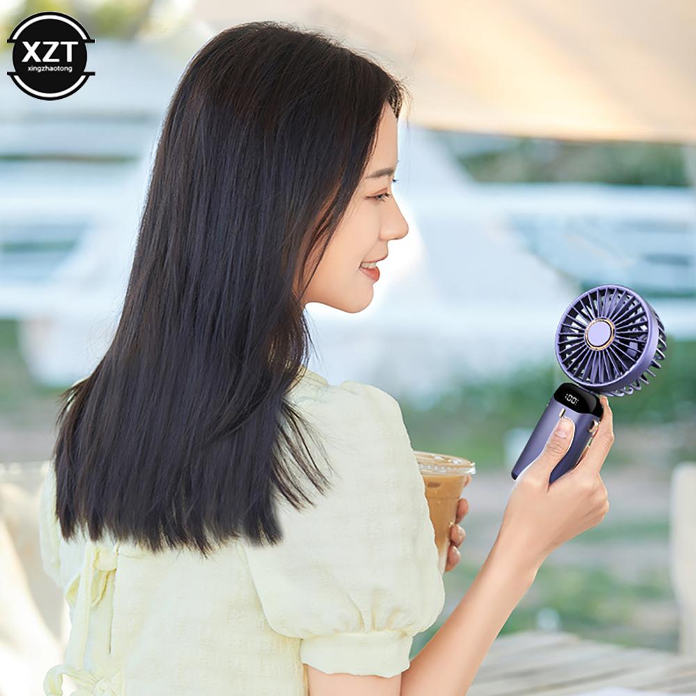 Hand-Held Fan LED Display USB Hanging Neck Portable Small Electric Fans Home Office Desktop Folding Summer Air Cooling Fan 1PC