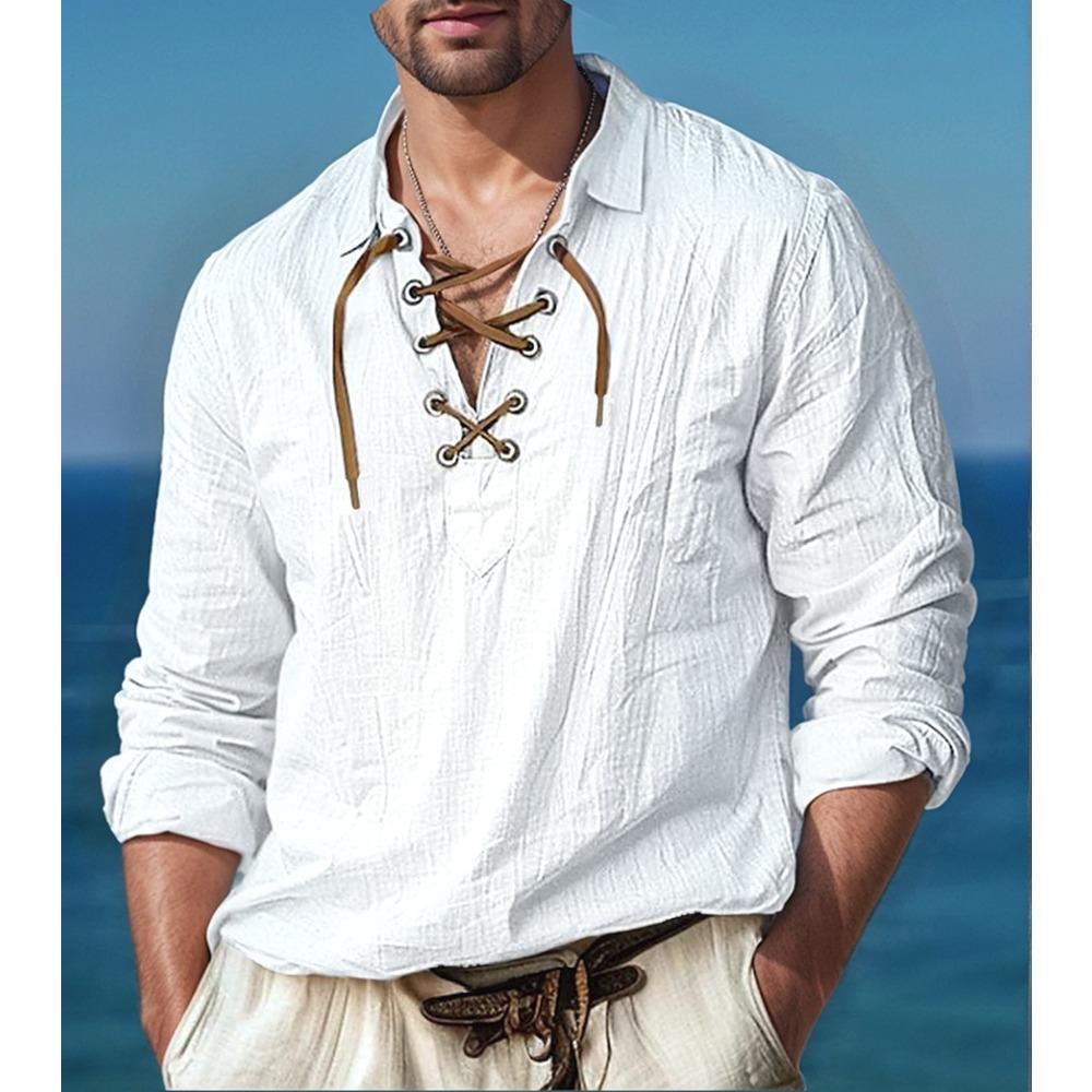 Men's 100% Linen Shirt Long Sleeve Lace Up Neck Casual Spring Summer Breathable Shirts Men Clothing