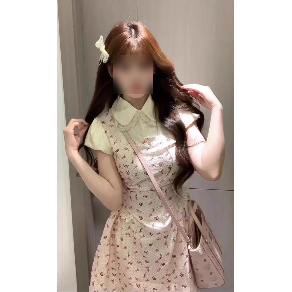 Korean Version of Sweet College Style Cute Doll Collar Fake Two Floral Dress Women's Spring Waist Thin Princess Dress