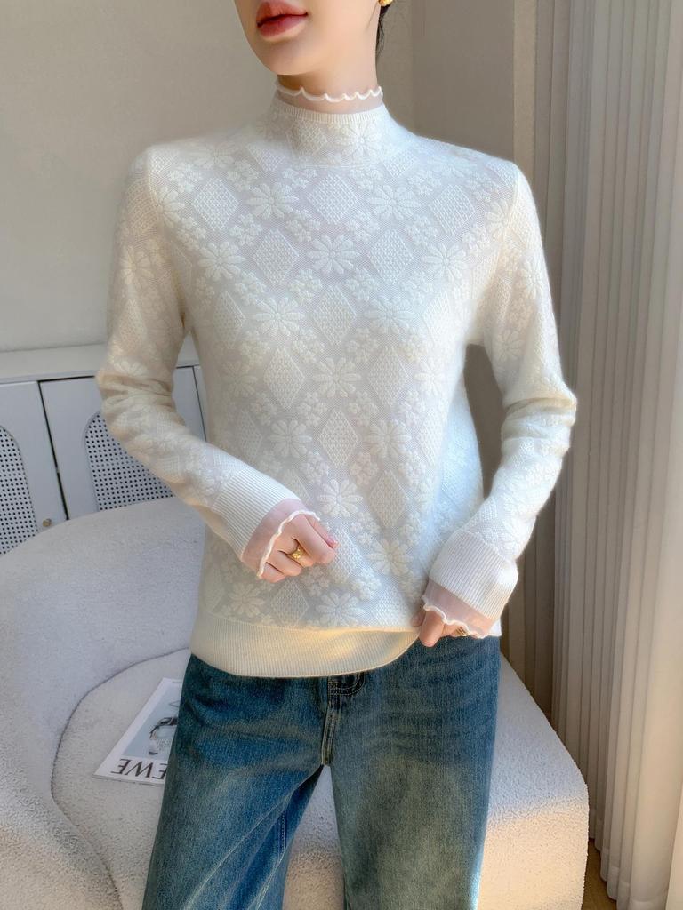 High-End Women's Cashmere Knit Lace Top - Long Sleeve, Half High Collar, Mesh Base Layer for Spring & Autumn
