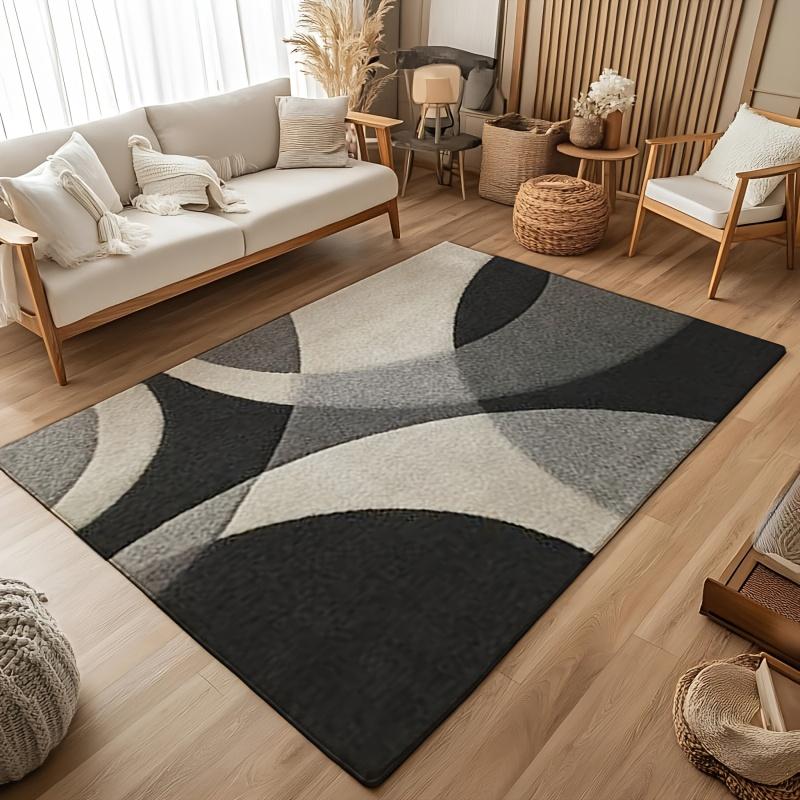 Black White Abstract Bath Mat - Geometric Non-Slip Flannel Rug for Kitchen Shower Tub, Soft Modern Home Decor Bedroom Office