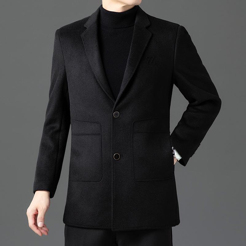 Men's Mid-Length Double-Sided Cashmere Coat with Detachable Down Liner, Casual Wool Suit for Middle-Aged