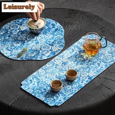 Chinesisch bedruckte blaue Blume wasserdichte Tee-Tischsets Exquisite Getränkeuntersetzer Esstischdecke Matte Zen Geschirr Dekoration
