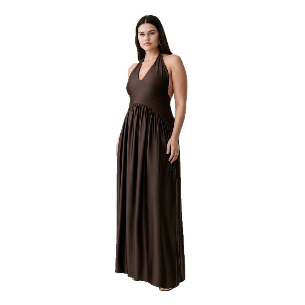 European and American women's clothing new sleeveless sexy neck-hanging long dress pleated waist backless suspender dress women's wholesale