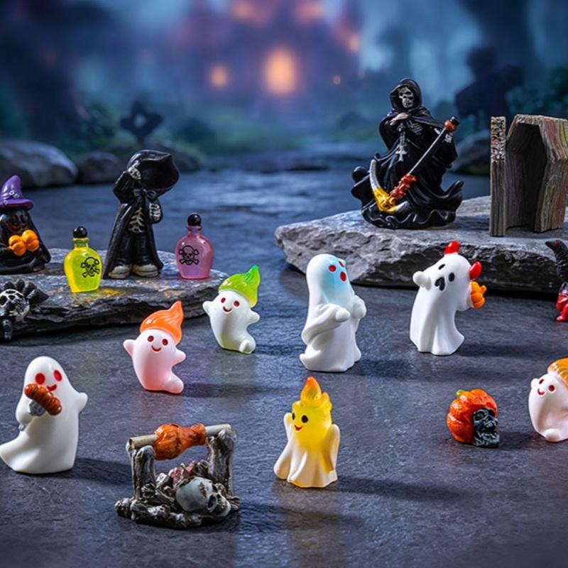 Halloween Scary Ghost Ornament Mini Resin Bone Skull Coffin Chair Statue for Holiday Party Tabletop Decor