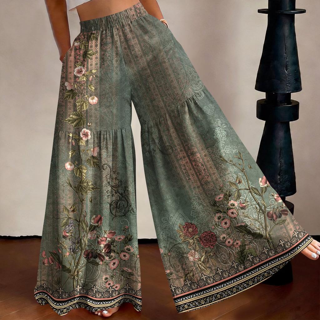 Women High Waist Loose Fit Lightweight Wide Leg Pants Vintage Floral Print Flowing Long Trousers Casual Relaxed Style