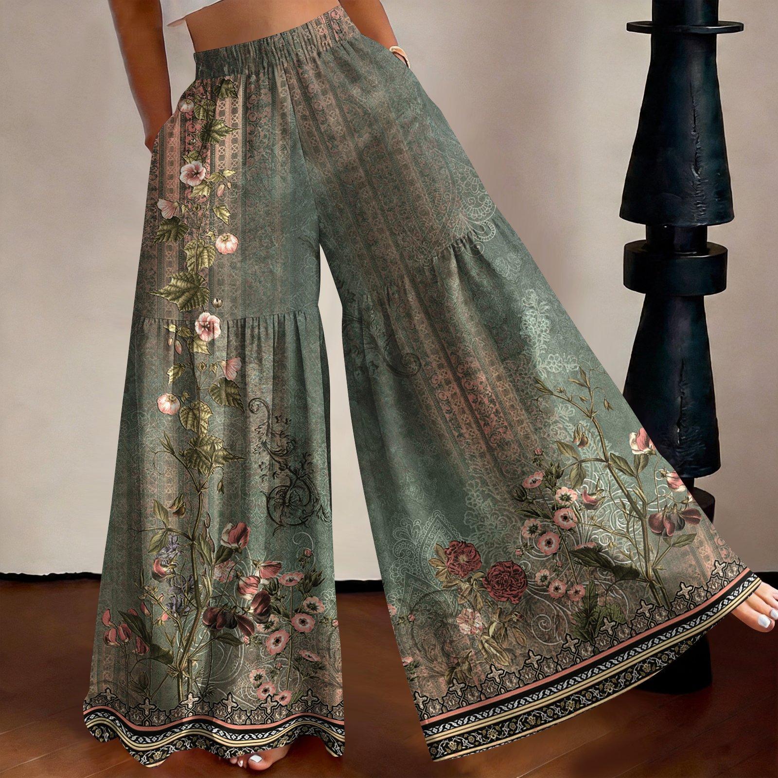 

Women High Waist Loose Fit Lightweight Wide Leg Pants Vintage Floral Print Flowing Long Trousers Casual Relaxed Style XXL