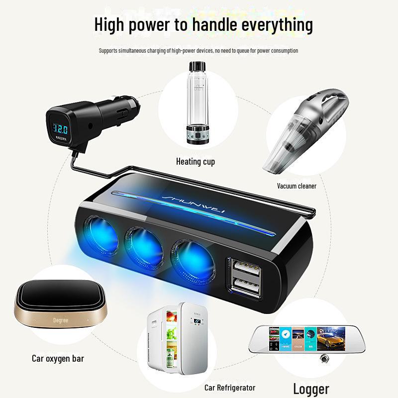 Car Multi-Function Socket & Charger Adapter: 1-to-3 Cigarette Lighter, 1-to-2 Power Distributor Plug