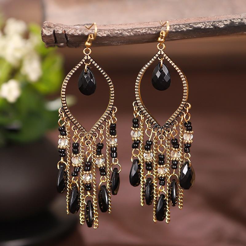 New Chinese Bohemian Long Crystal Tassel Earrings Exaggerated Ethnic Elegant Dangle Earrings For New Year Gift