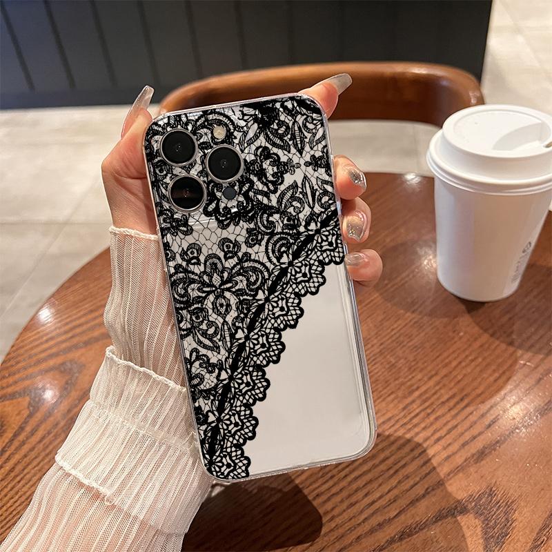 

Black Lace Phone Case for iPhone 17 Air 16 15 14 13 12 11 Pro Max Plus Mini X 8 7 Soft Transparent Cover Fundas Accessory iPhone 13Mini
