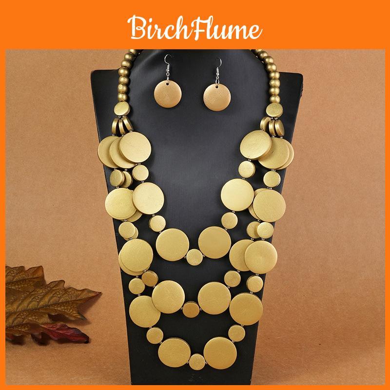 Set di Collana Multistrato e Orecchini Geometrici in Perline di Legno Bohemian per Donne