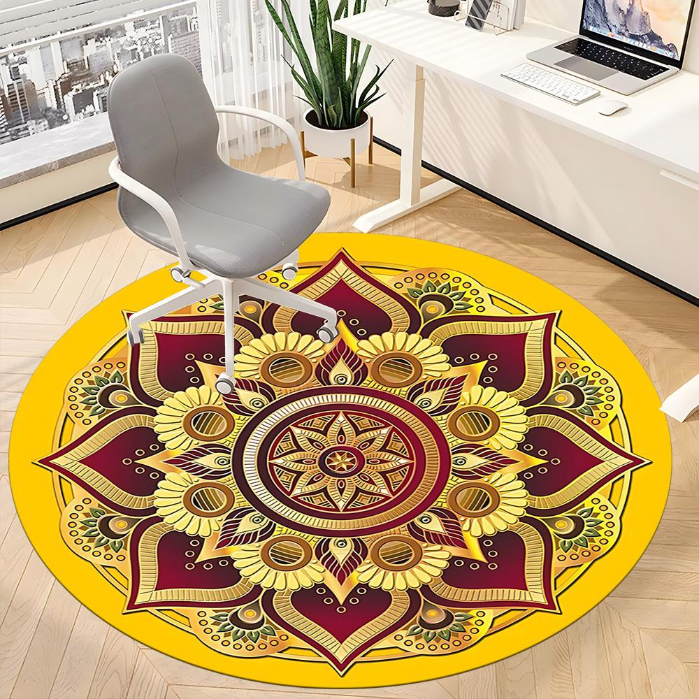 1pc Golden Mandala Pattern Chair Carpet for Office, Round Polyester Mat, Indoor Decor for Office, Easycare Fabric, Washable Non-slip Area Carpet