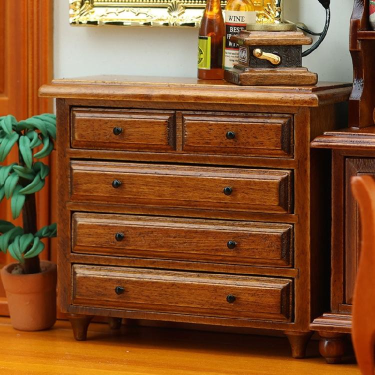 Realistic 1/12 Miniature Dresser Chestnut Wooden Cabinet With Drawers For Dollhouses Bedroom Retro Decors Accessories