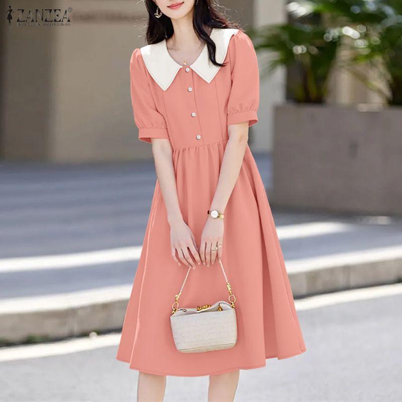 ZANZEA Women Casual Splice Doll Collar Summer Short Sleeve Dress
