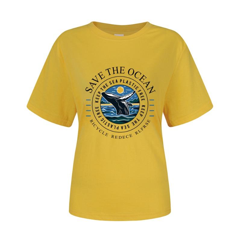 Spring Summer Whale Swimming Letter Pattern Printed Loose Fitting Cotton Short Sleeved Round Neck T-Shirts Women’s