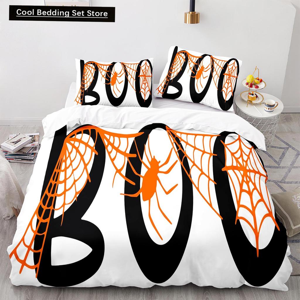Halloween Boo King Queen Duvet Cover Cartoon Eyes Bedding Set for Kids Teens Adults Little Monster Ghost Polyester Quilt Cover