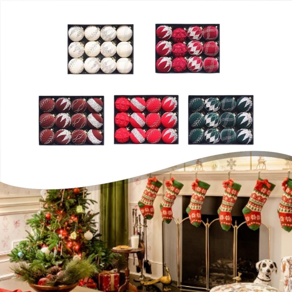 Set of 12 Christmas Ball Ornaments 8CM Diameter with Glitter and Flocked Design for Tree Decoration and Seasonal Use