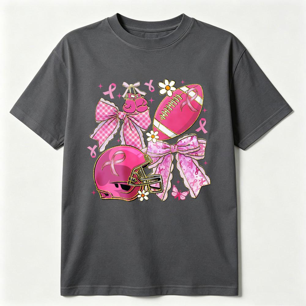 Preppy Football Breast Cancer Graphic T Shirt Coquette Breast Cancer Awareness Tee Ribbon Cheer Football Mom Girly Game Day Tops