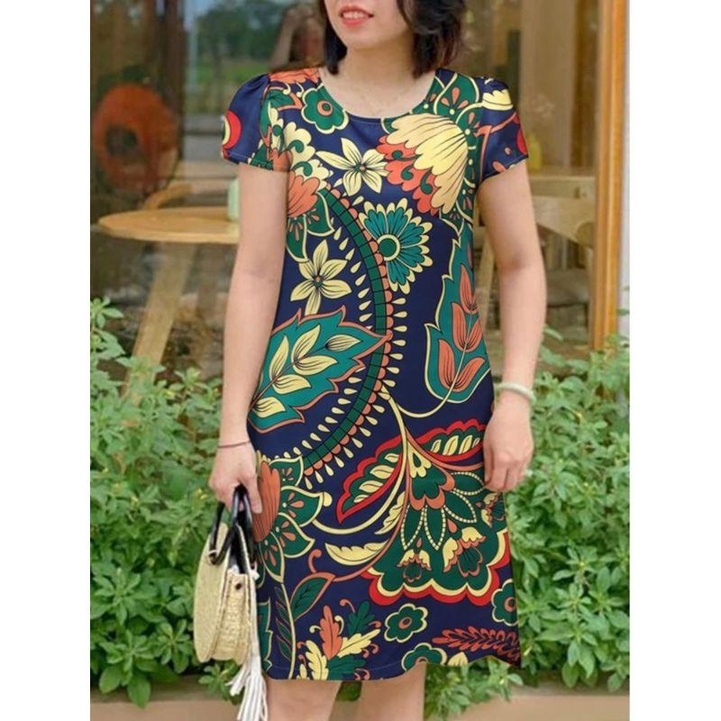 Women's Round Neck Neck Flower and Grass Print Dress