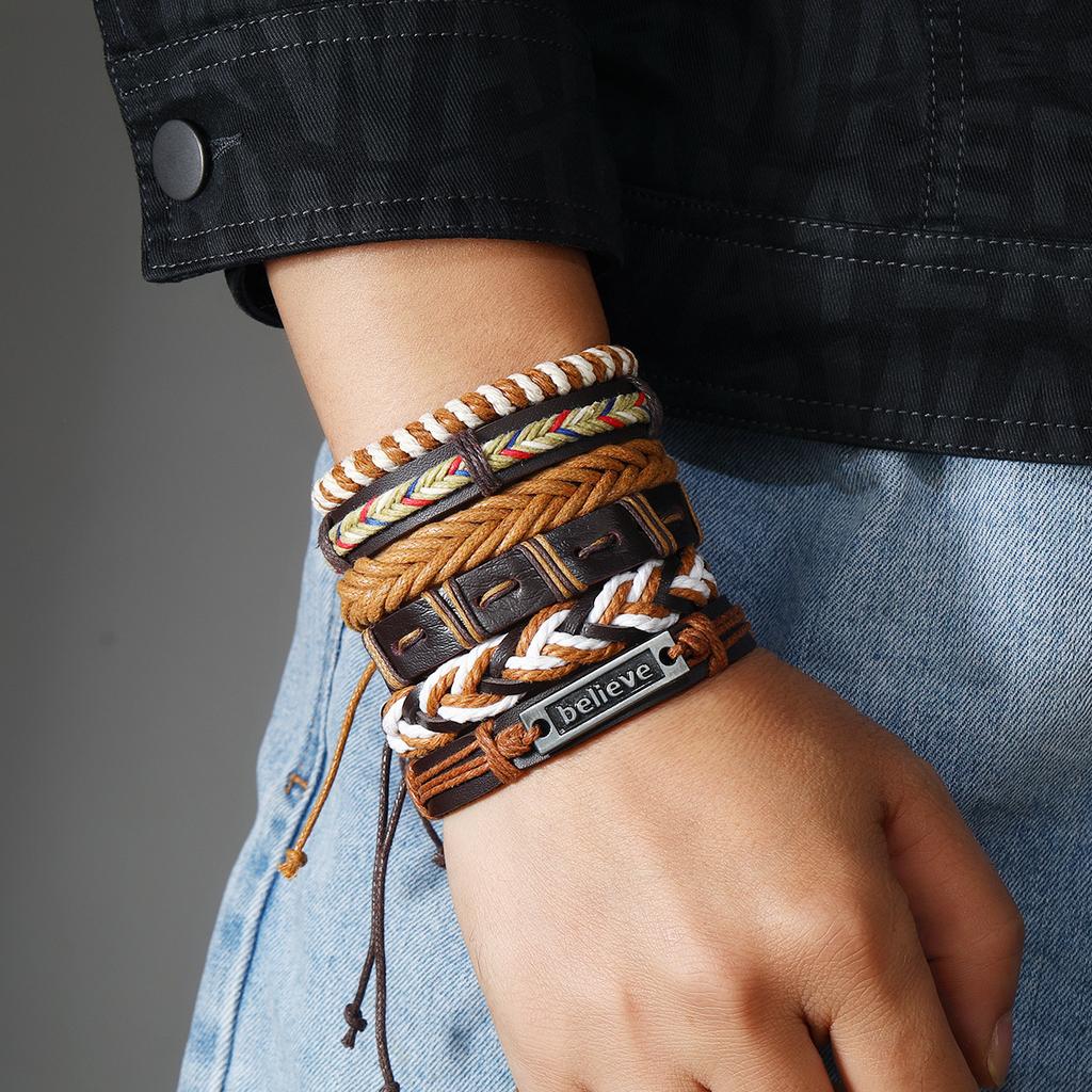 Believe Alloy Nameplate Leather Woven Bracelet, Men's Cross-border Hot-selling Multi-layer Set Bracelet Hand Rope Jewelry